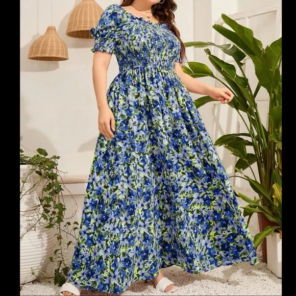 Bohemian Boho Plus Size Floral Print Smocked Maxi Dress - Picture 7 of 9